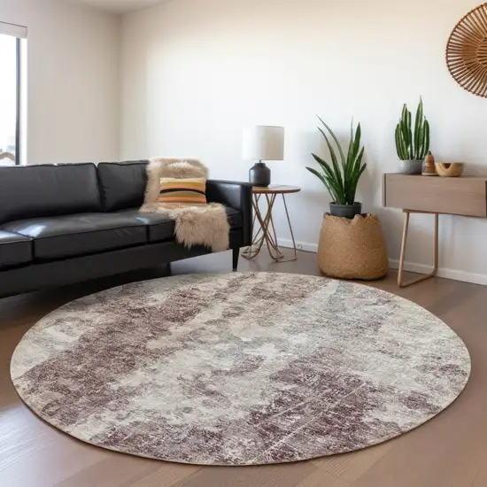 8' Plum And Ivory Round Abstract Washable Indoor Outdoor Area Rug Photo 6