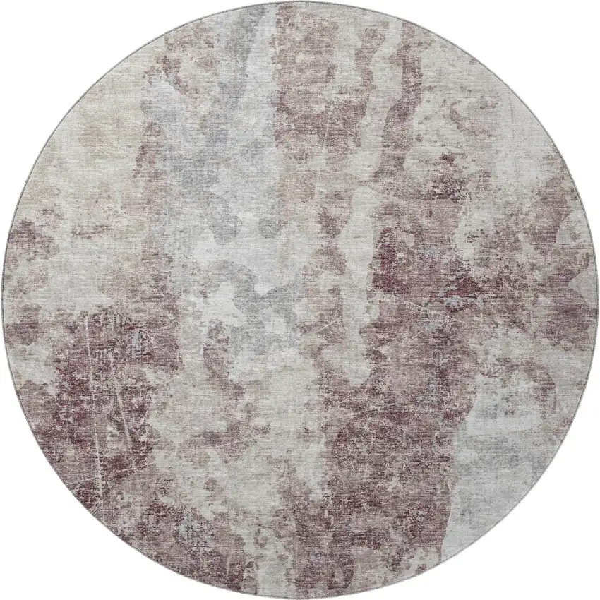 8' Plum And Ivory Round Abstract Washable Indoor Outdoor Area Rug Photo 4