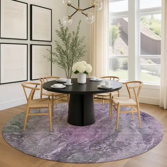 8' Plum And Ivory Round Abstract Washable Indoor Outdoor Area Rug Photo 8