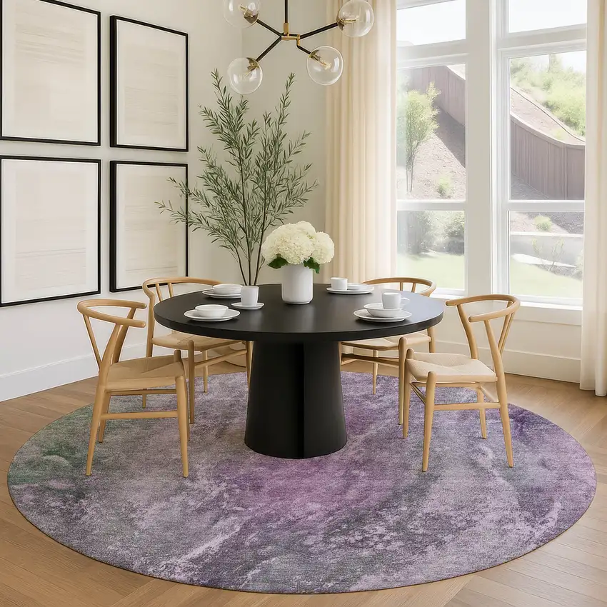 8' Plum And Ivory Round Abstract Washable Indoor Outdoor Area Rug Photo 8