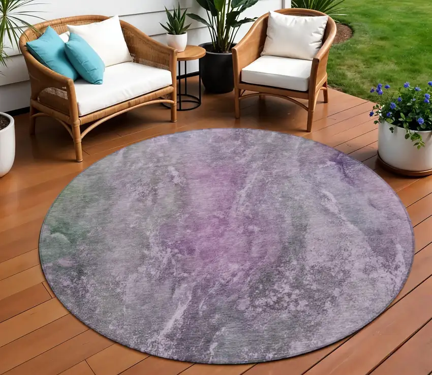 8' Plum And Ivory Round Abstract Washable Indoor Outdoor Area Rug Photo 1