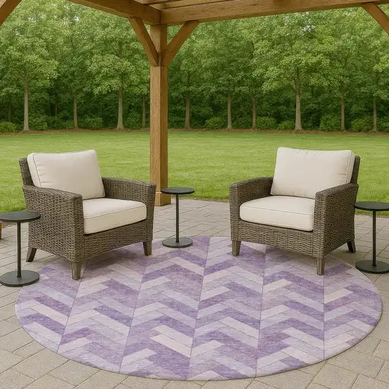 8' Plum And Ivory Round Geometric Washable Indoor Outdoor Area Rug Photo 8