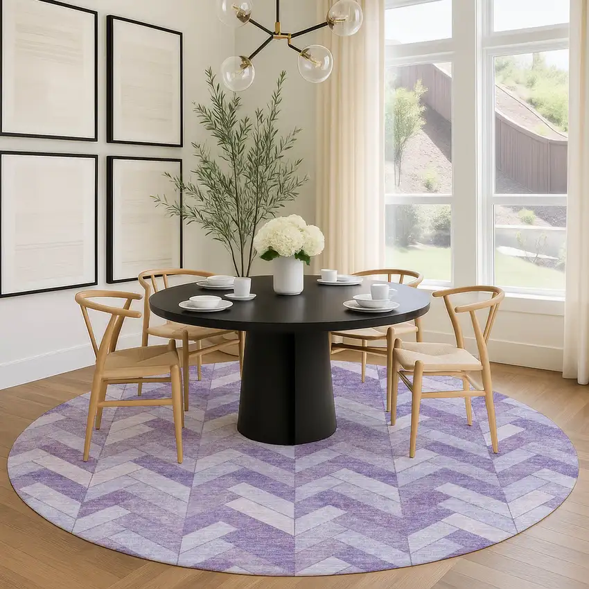 8' Plum And Ivory Round Geometric Washable Indoor Outdoor Area Rug Photo 9