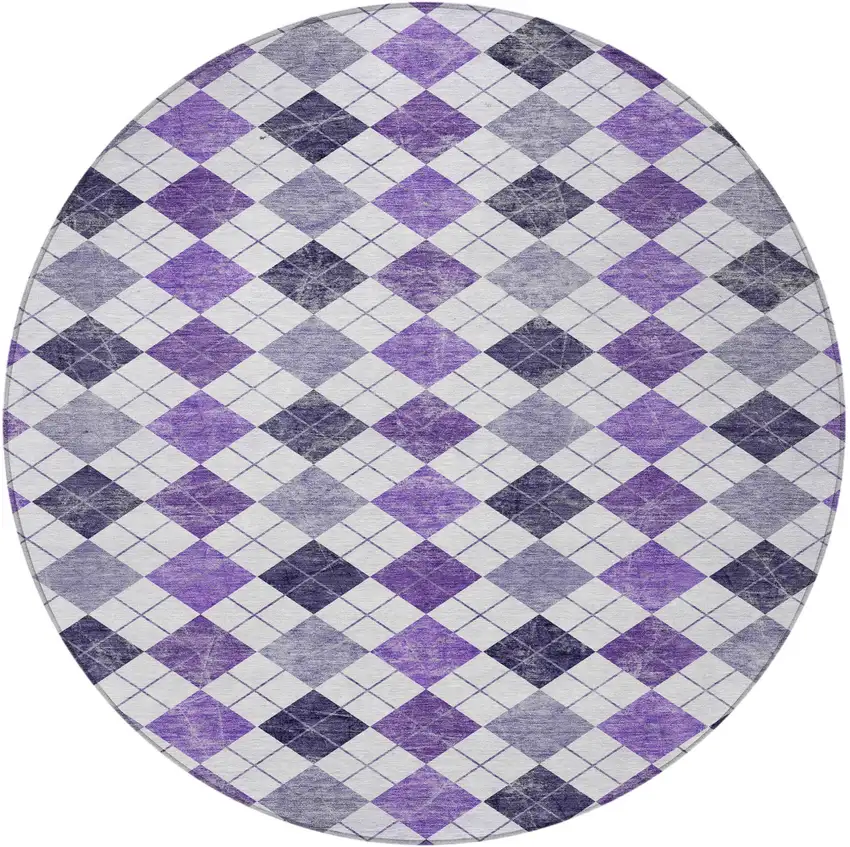8' Plum And Ivory Round Geometric Washable Indoor Outdoor Area Rug Photo 4