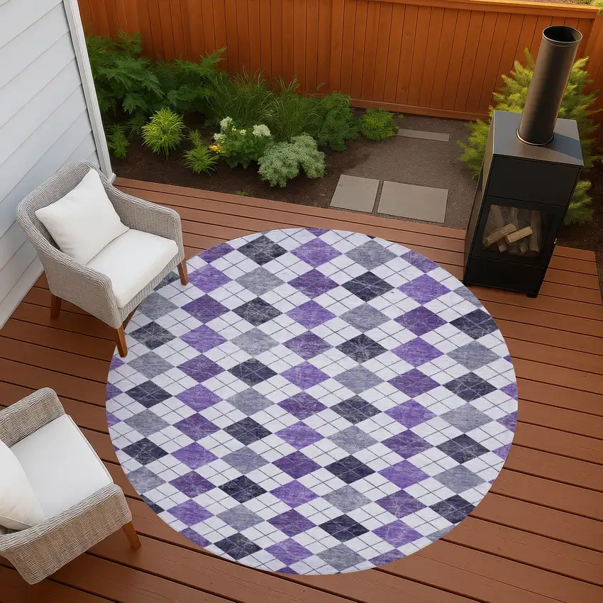 8' Plum And Ivory Round Geometric Washable Indoor Outdoor Area Rug Photo 9