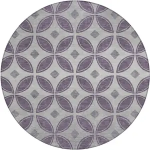 Photo of 8' Plum And Ivory Round Geometric Washable Indoor Outdoor Area Rug