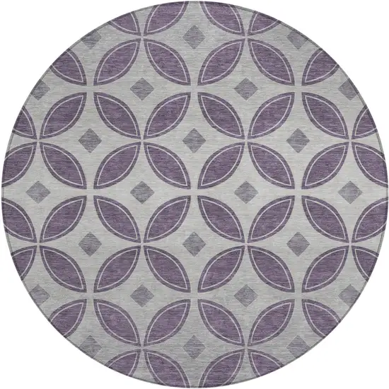 8' Plum And Ivory Round Geometric Washable Indoor Outdoor Area Rug Photo 1