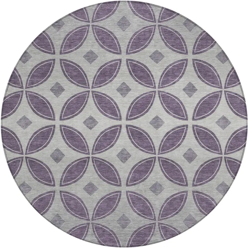 8' Plum And Ivory Round Geometric Washable Indoor Outdoor Area Rug Photo 1