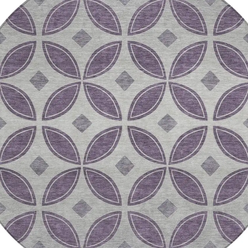 8' Plum And Ivory Round Geometric Washable Indoor Outdoor Area Rug Photo 2