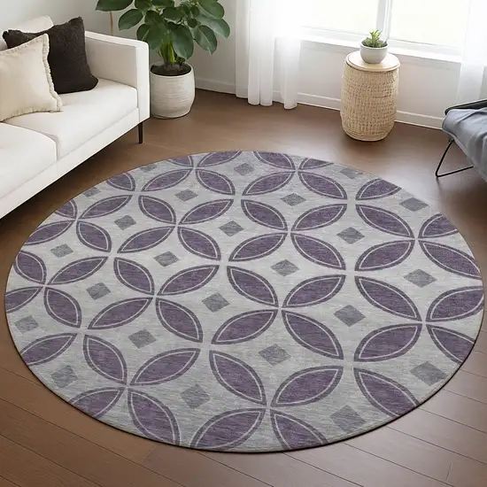 8' Plum And Ivory Round Geometric Washable Indoor Outdoor Area Rug Photo 5