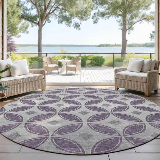 8' Plum And Ivory Round Geometric Washable Indoor Outdoor Area Rug Photo 4