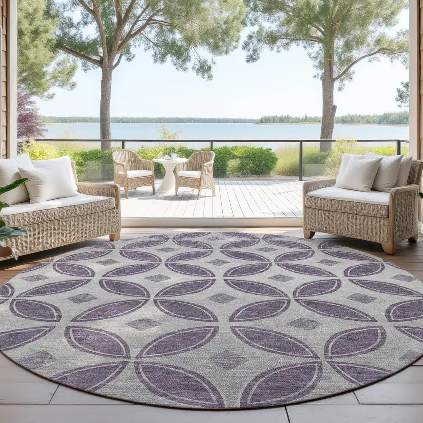 8' Plum And Ivory Round Geometric Washable Indoor Outdoor Area Rug Photo 4