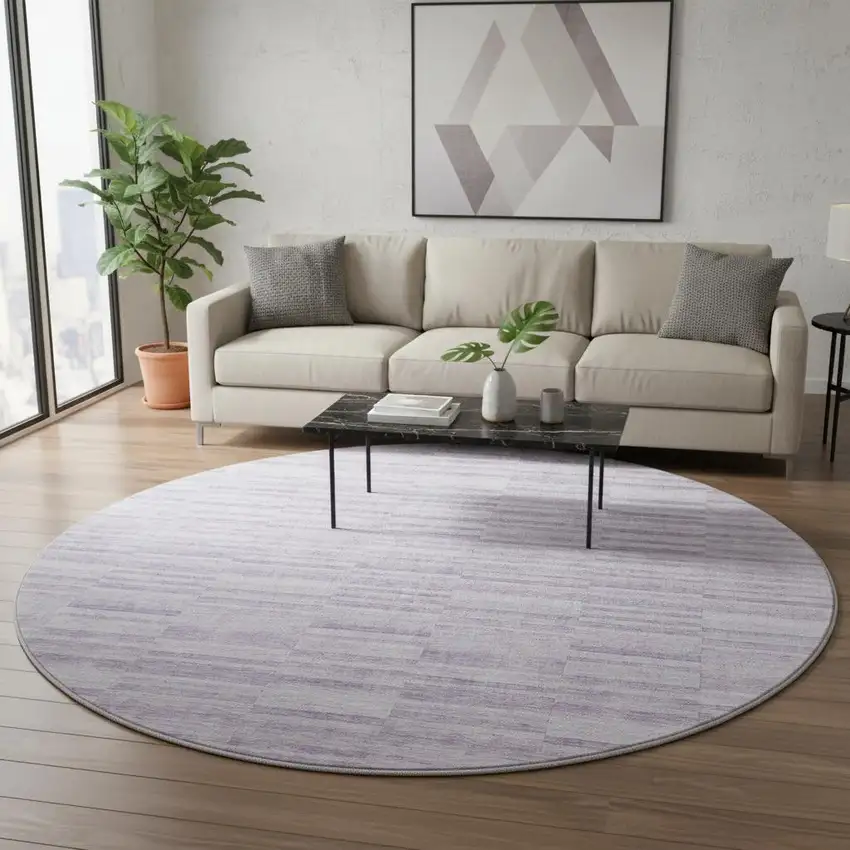 8' Plum And Ivory Striped Washable Round Rug With UV Protection Photo 2