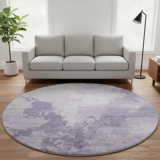8' Plum And Lavender Abstract Washable Round Rug With UV Protection Photo 1