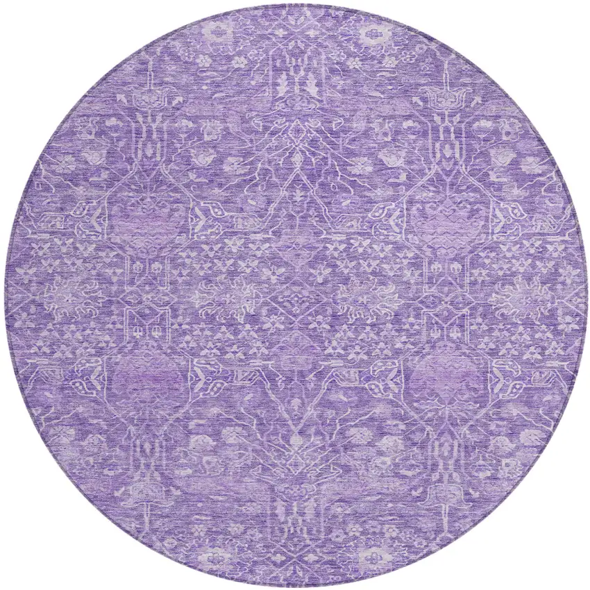 8' Plum And Lavender Round Floral Washable Indoor Outdoor Area Rug Photo 2
