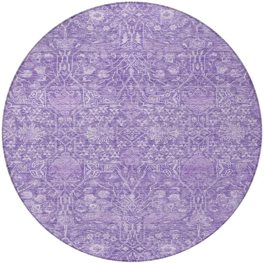 8' Plum And Lavender Round Floral Washable Indoor Outdoor Area Rug Photo 5