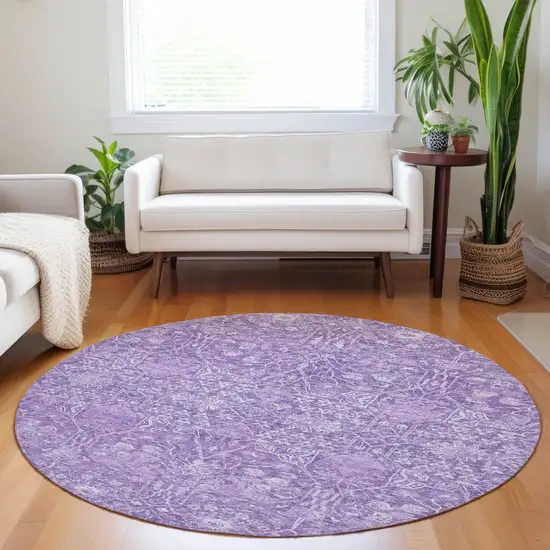 8' Plum And Lavender Round Floral Washable Indoor Outdoor Area Rug Photo 7