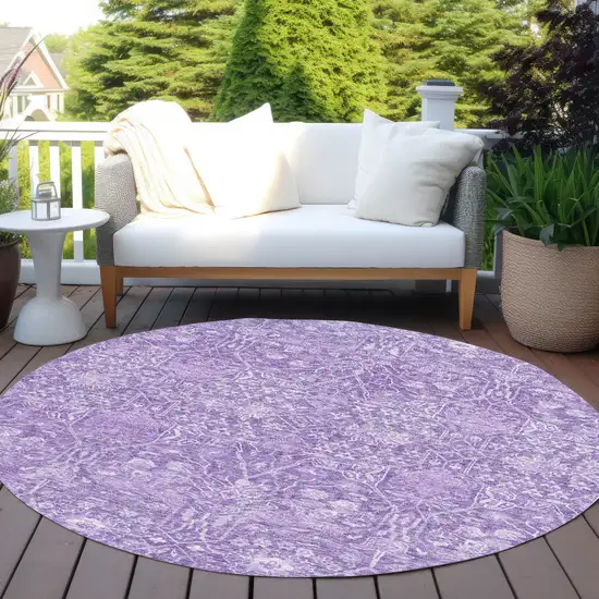 8' Plum And Lavender Round Floral Washable Indoor Outdoor Area Rug Photo 6