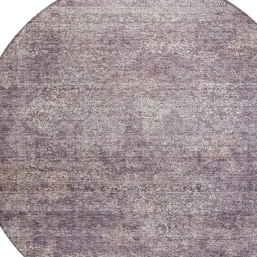 8' Plum And Lavender Round Floral Washable Indoor Outdoor Area Rug Photo 4