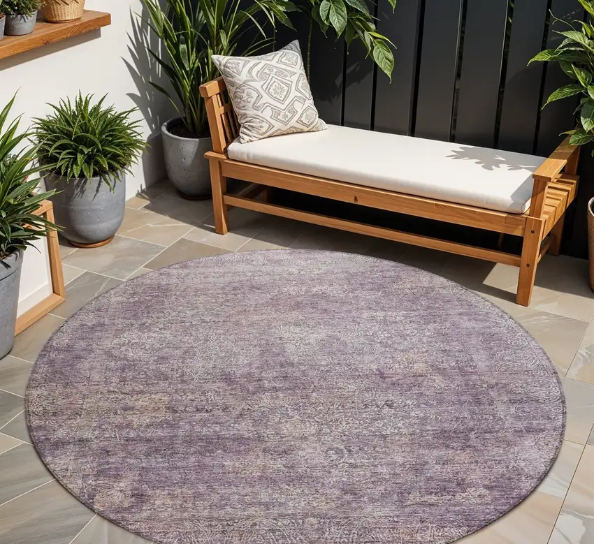 8' Plum And Lavender Round Floral Washable Indoor Outdoor Area Rug Photo 1