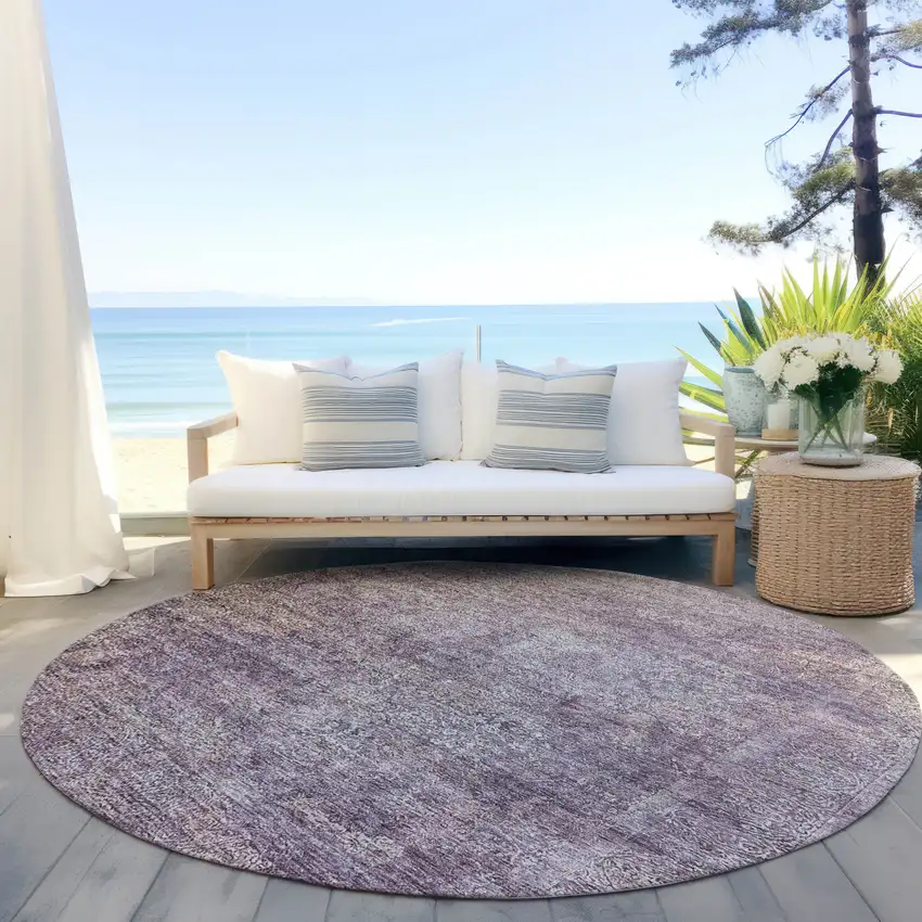 8' Plum And Lavender Round Floral Washable Indoor Outdoor Area Rug Photo 6