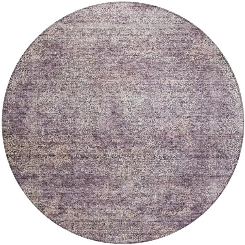 8' Plum And Lavender Round Floral Washable Indoor Outdoor Area Rug Photo 2