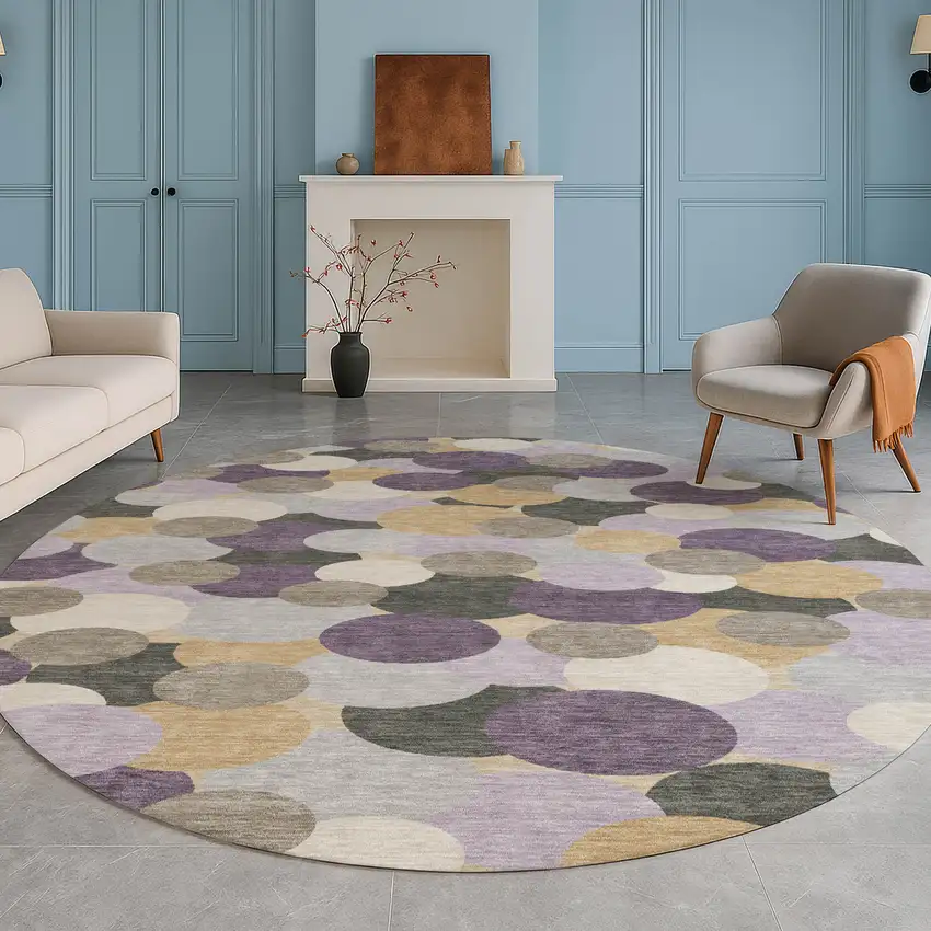 8' Plum And Lavender Round Geometric Washable Indoor Outdoor Area Rug Photo 5