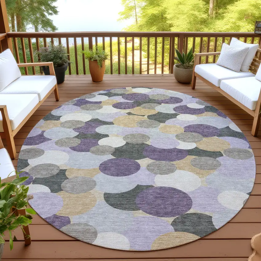 8' Plum And Lavender Round Geometric Washable Indoor Outdoor Area Rug Photo 4