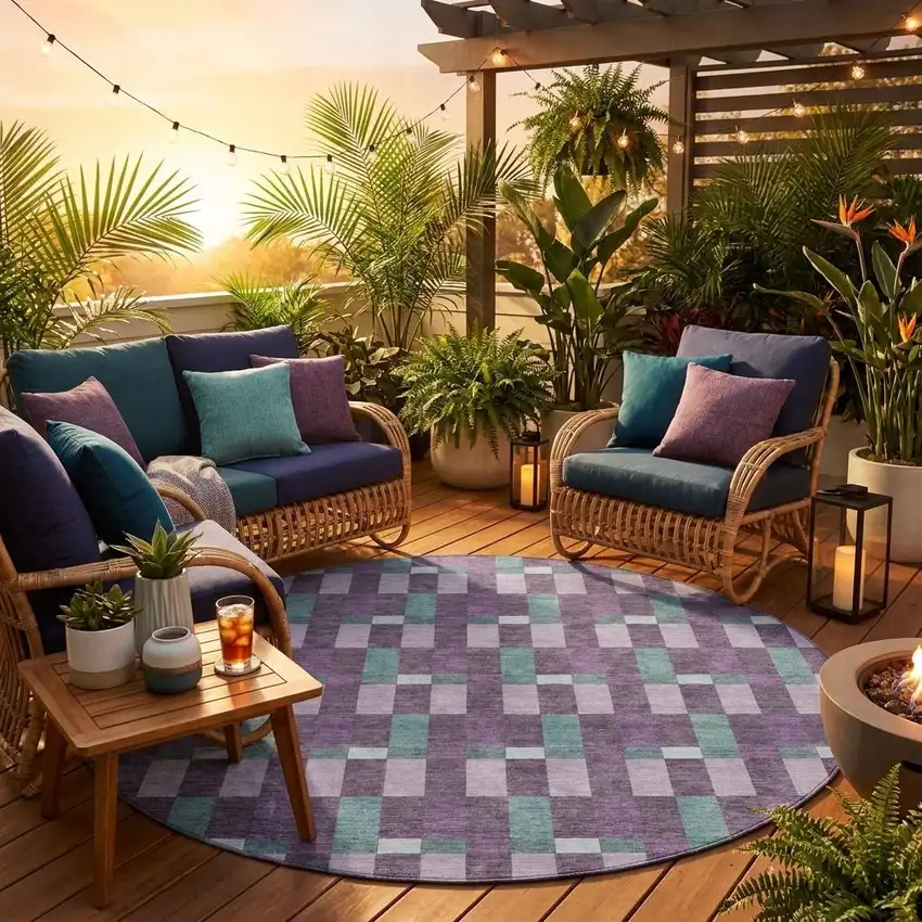 8' Plum And Lavender Round Geometric Washable Indoor Outdoor Area Rug Photo 1