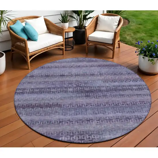 8' Plum And Lavender Round Striped Washable Indoor Outdoor Area Rug Photo 2