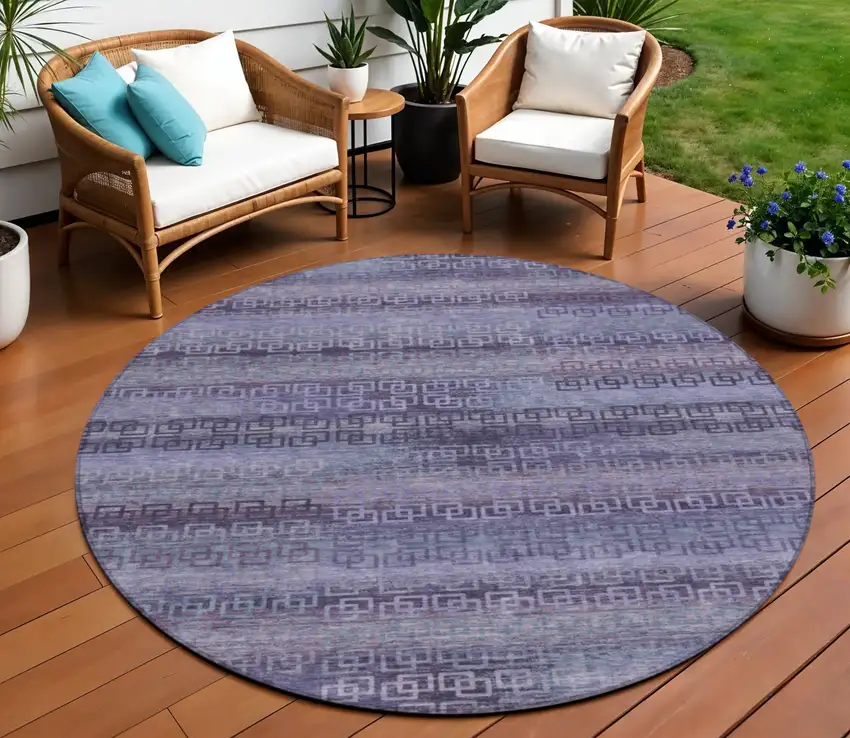 8' Plum And Lavender Round Striped Washable Indoor Outdoor Area Rug Photo 2