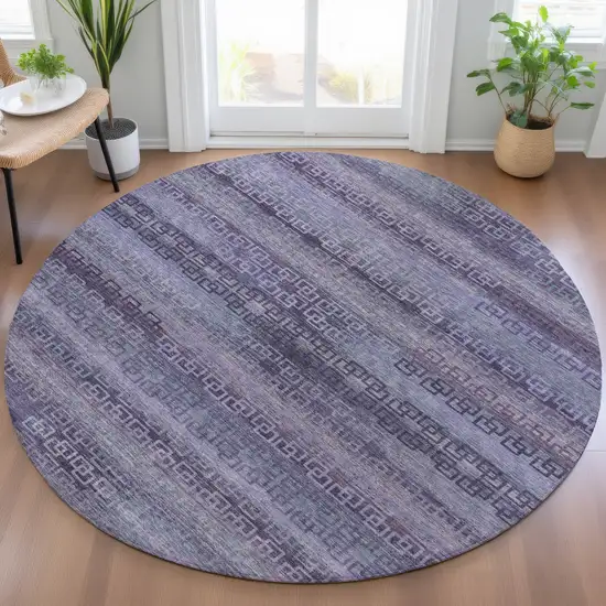 8' Plum And Lavender Round Striped Washable Indoor Outdoor Area Rug Photo 5