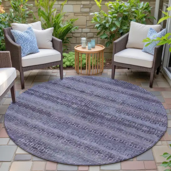 8' Plum And Lavender Round Striped Washable Indoor Outdoor Area Rug Photo 6