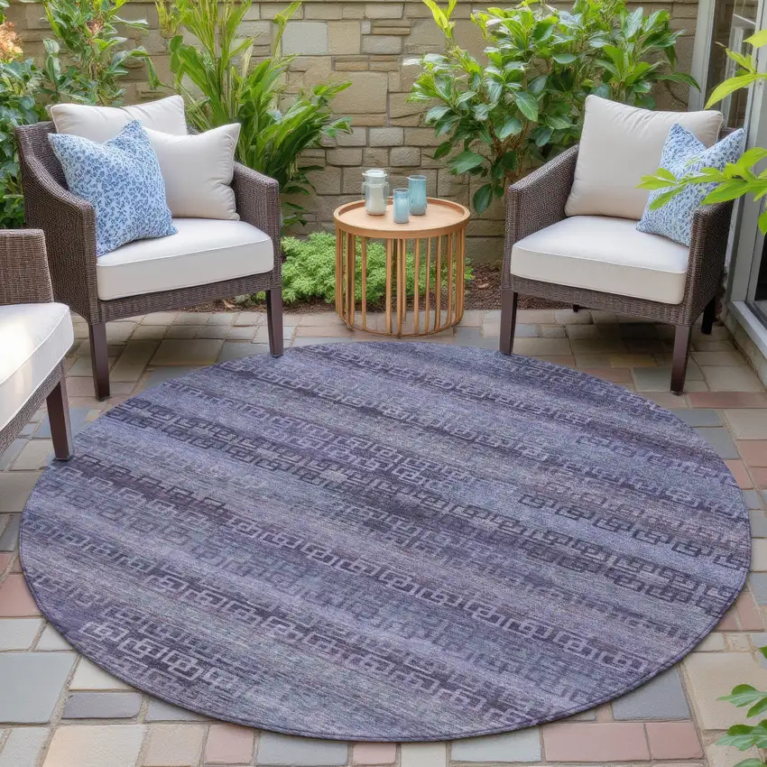 8' Plum And Lavender Round Striped Washable Indoor Outdoor Area Rug Photo 6