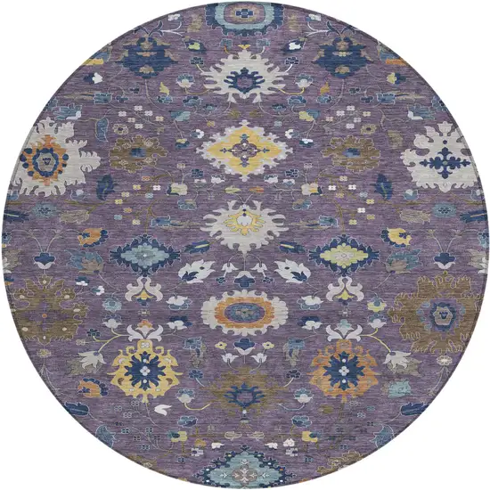 8' Plum And Navy Blue Round Floral Medallion Washable Indoor Outdoor Area Rug Photo 1