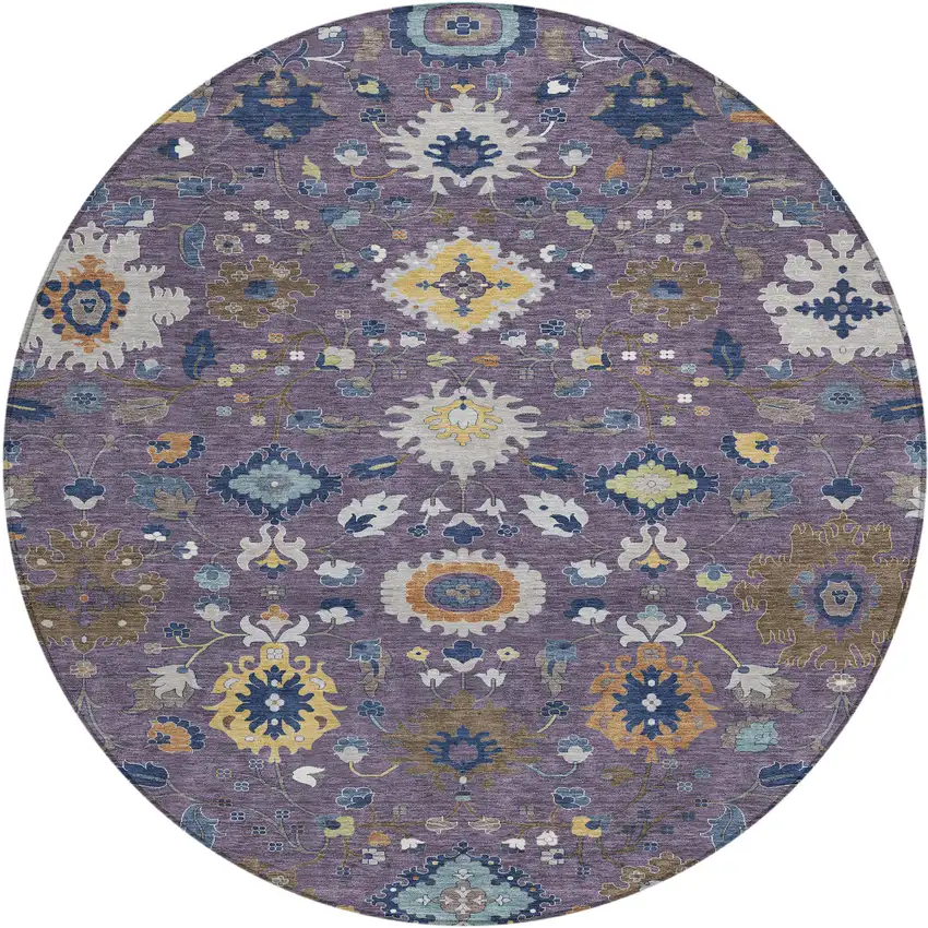 8' Plum And Navy Blue Round Floral Medallion Washable Indoor Outdoor Area Rug Photo 1