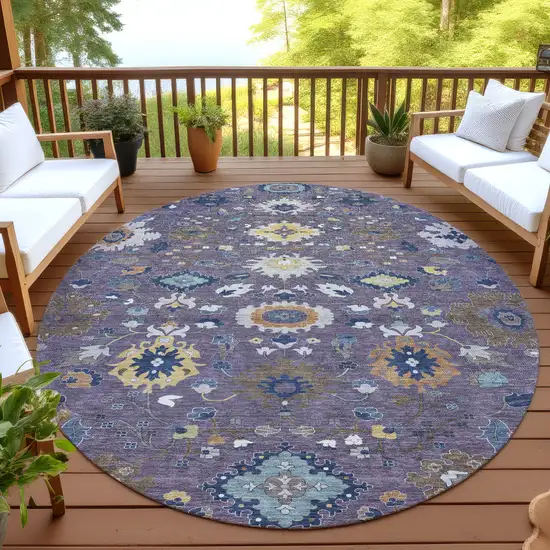 8' Plum And Navy Blue Round Floral Medallion Washable Indoor Outdoor Area Rug Photo 4