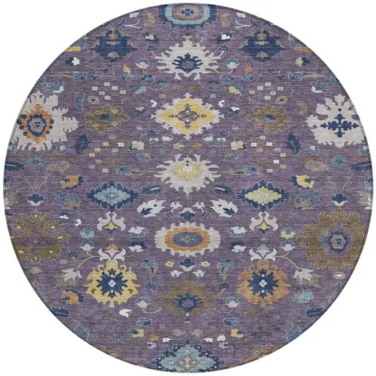 8' Plum And Navy Blue Round Floral Medallion Washable Indoor Outdoor Area Rug Photo 3