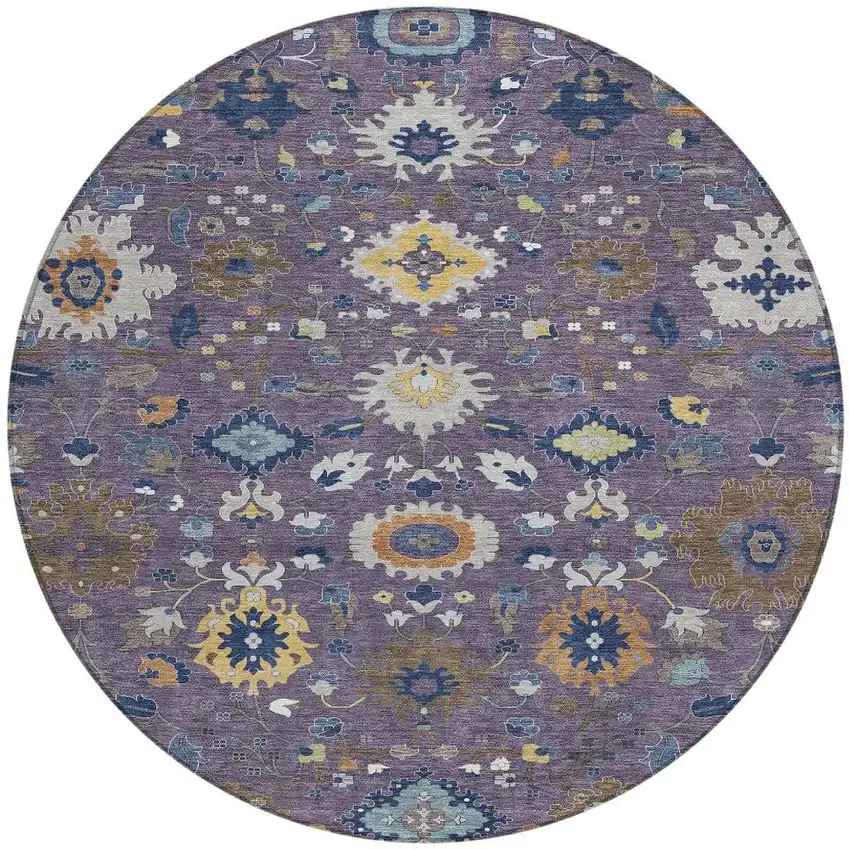 8' Plum And Navy Blue Round Floral Medallion Washable Indoor Outdoor Area Rug Photo 3