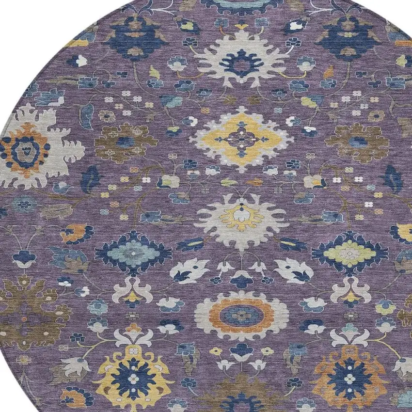 8' Plum And Navy Blue Round Floral Medallion Washable Indoor Outdoor Area Rug Photo 2