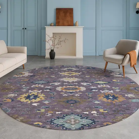8' Plum And Navy Blue Round Floral Medallion Washable Indoor Outdoor Area Rug Photo 5