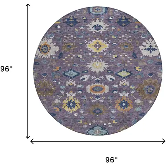 8' Plum And Navy Blue Round Floral Medallion Washable Indoor Outdoor Area Rug Photo 8
