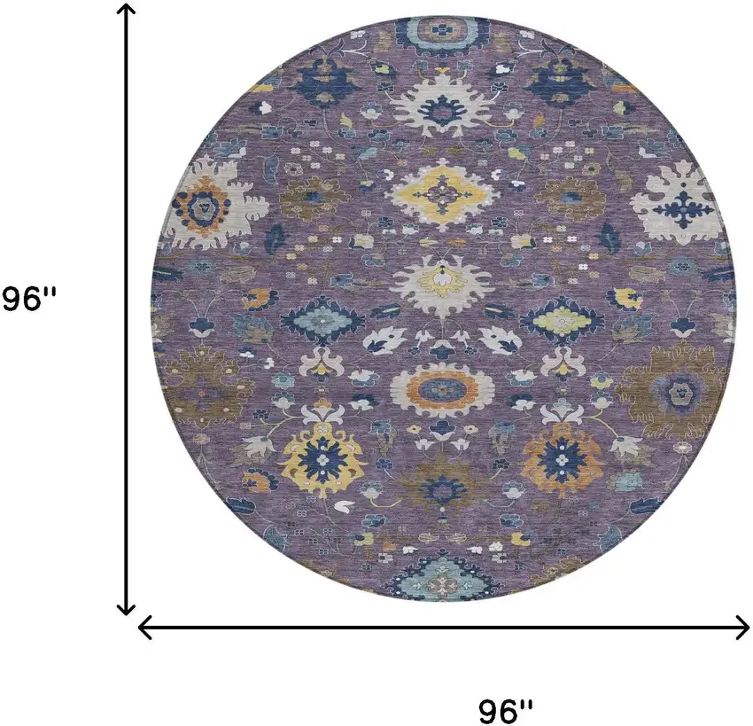 8' Plum And Navy Blue Round Floral Medallion Washable Indoor Outdoor Area Rug Photo 8