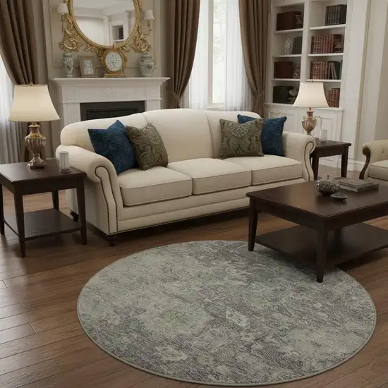 8' Plum And Purple Floral Washable Round Rug With UV Protection Photo 2