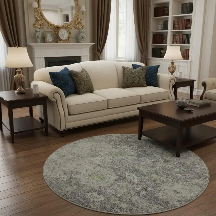 8' Plum And Purple Floral Washable Round Rug With UV Protection Photo 2