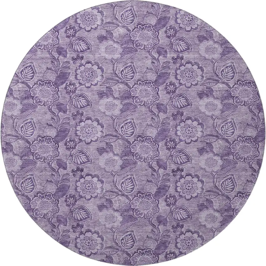 8' Plum And Purple Floral Washable Round Rug With UV Protection Photo 4