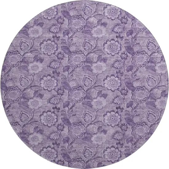 8' Plum And Purple Floral Washable Round Rug With UV Protection Photo 1