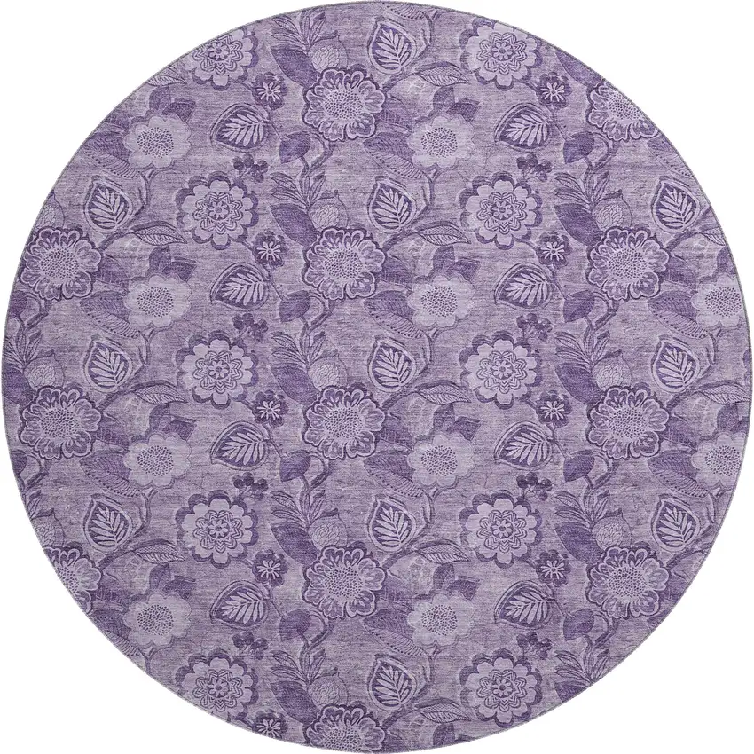 8' Plum And Purple Floral Washable Round Rug With UV Protection Photo 1