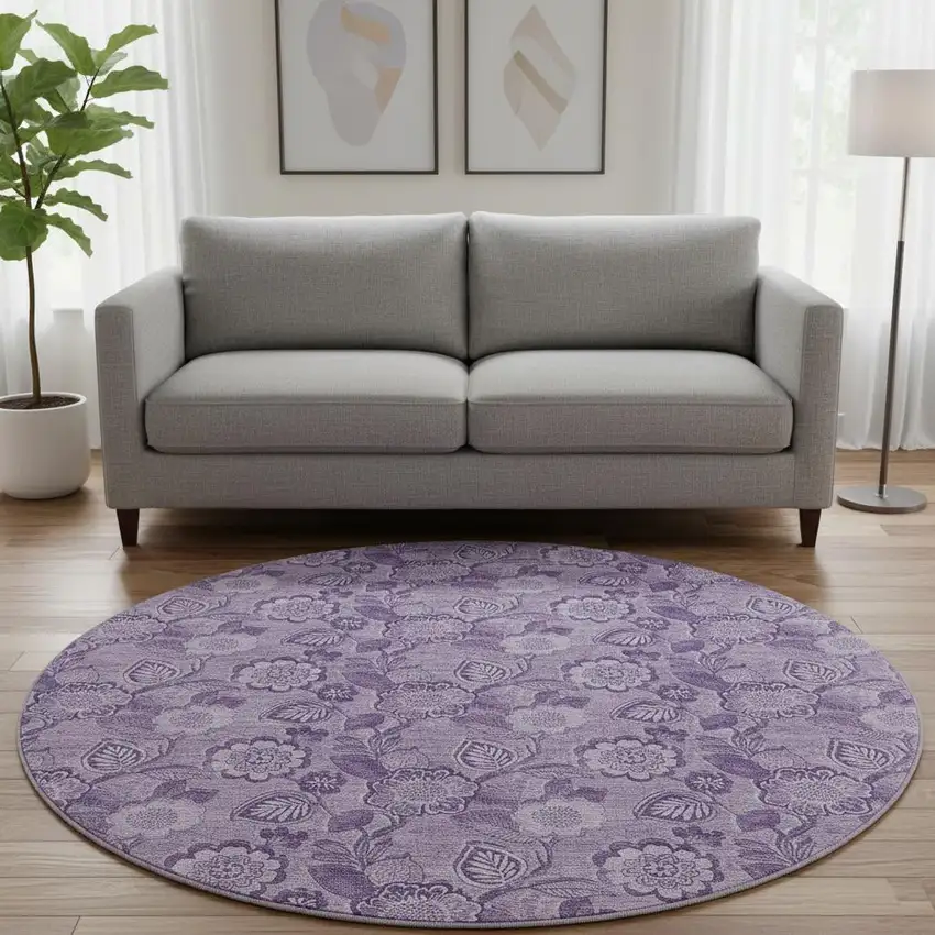 8' Plum And Purple Floral Washable Round Rug With UV Protection Photo 2