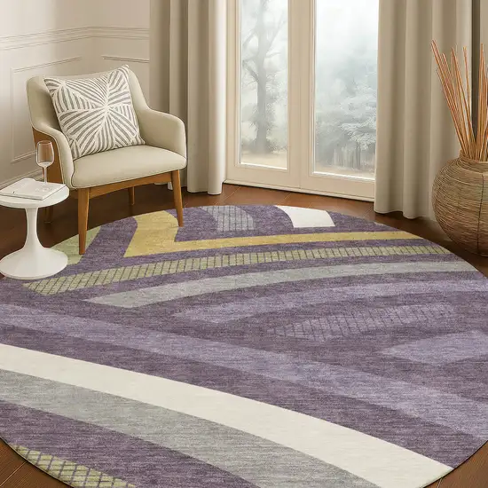 8' Plum And Purple Round Abstract Washable Indoor Outdoor Area Rug Photo 5